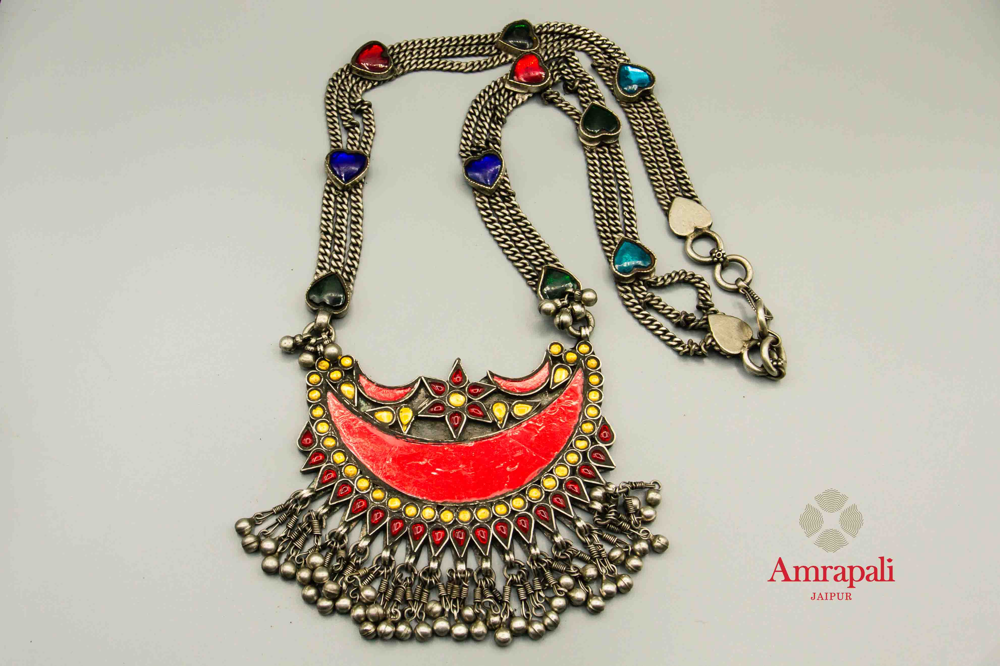 Buy Amrapali colorful glass multi-chain silver necklace online in USA. Raise your traditional fashion quotient on special occasions with exquisite Indian jewelry from Pure Elegance Indian clothing store in USA. Enhance your look with silver gold plated jewelry, wedding jewellery available online.-flatlay