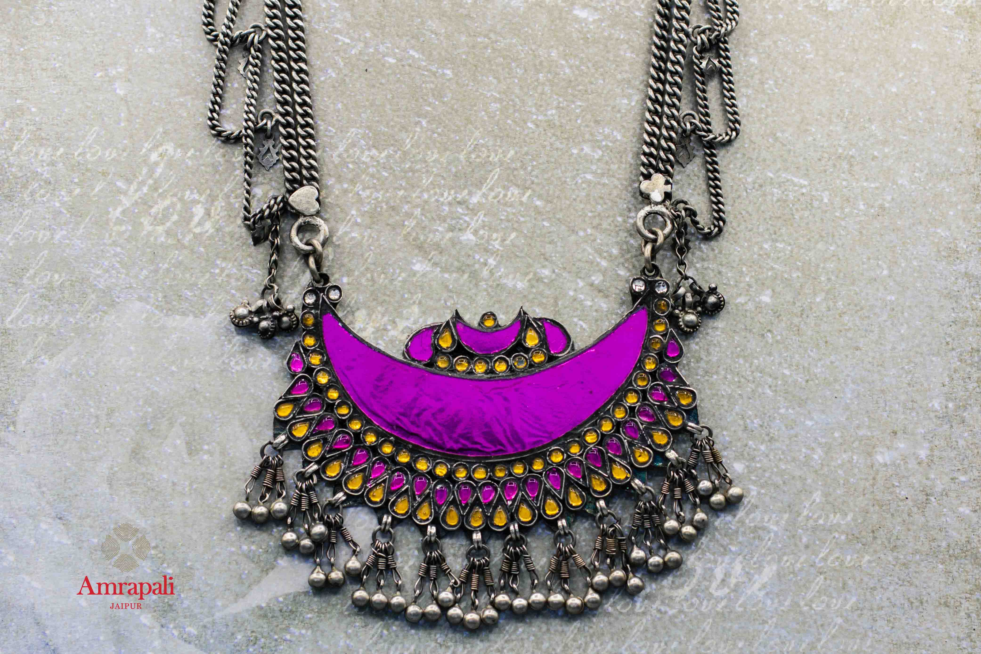 Shop Amrapali colored glass silver necklace online in USA. Complete your ethnic look with traditional Indian jewelry from Pure Elegance Indian fashion store in USA. Shop silver jewelry, wedding jewelry for Indian brides in USA from our online store.-front