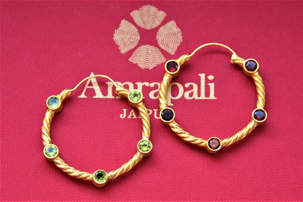 Shop Amrapali silver gold plated colored stone bali earrings online in USA. Complete your traditional style with exquisite silver gold plated jewelry from Pure Elegance Indian fashion store in USA.-flatlay