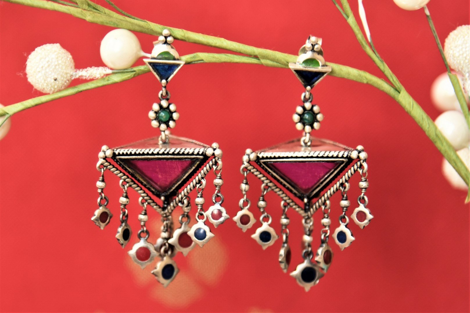 Buy Amrapali antique silver colorful glass dangler earrings online in USA. Complete your traditional style with exquisite silver jewelry from Pure Elegance Indian fashion store in USA.-front