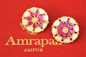 Buy Amrapali silver gold plated pink stone and white glass studs online in USA. Shop exquisite Amrapali jewelry in USA from Pure Elegance Indian fashion store. Choose from a variety of silver gold plated earrings, gold plated necklaces, silver jewellery. also available online.-flatlay
