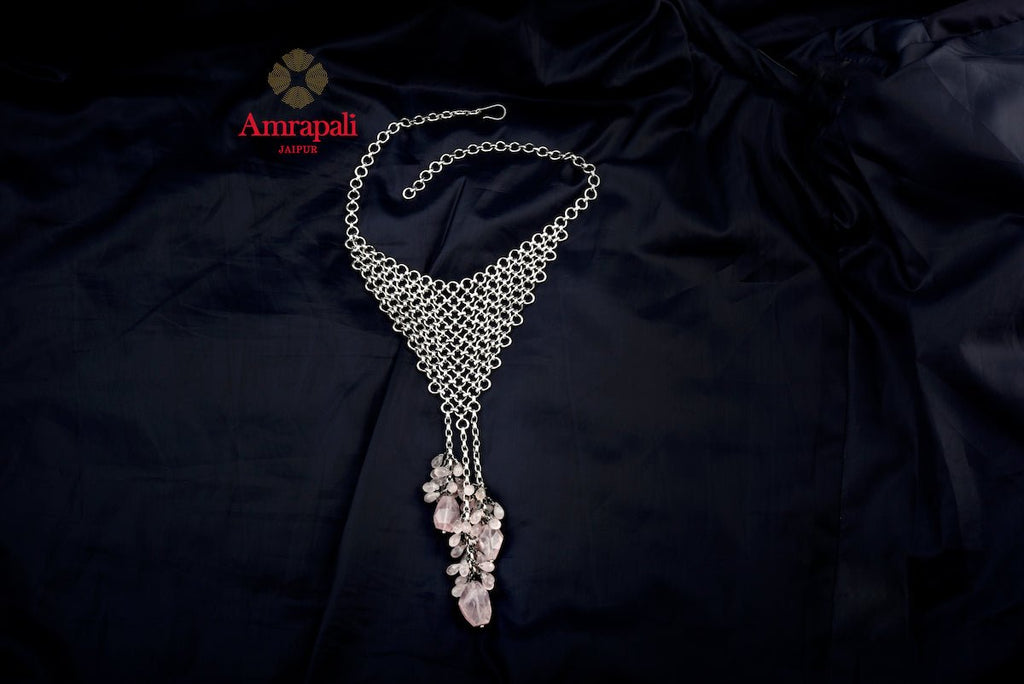 Buy Amrapali silver mesh necklace online in USA with pink stone tassels. Enhance your ethnic attires with exquisite Amrapali silver gold plated jewelry, silver gold plated necklace from Pure Elegance Indian fashion store in USA.-flatlay