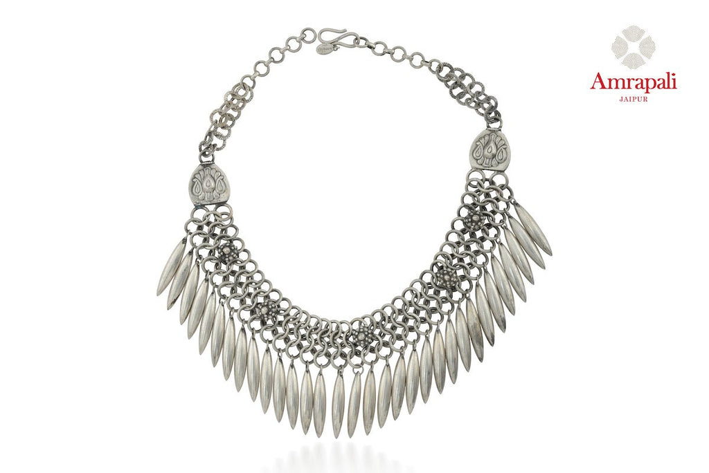 Shop beautiful Amrapali silver necklace online in USA with leaf tassels. Enhance your ethnic attires with exquisite Amrapali silver gold plated jewelry, silver gold plated necklace from Pure Elegance Indian fashion store in USA.-front