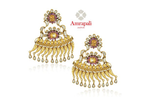 Buy gorgeous Amrapali silver gold plated pink and white glass and citrine earrings online in USA. Enhance your ethnic attires with exquisite Amrapali silver gold plated wedding jewelry, silver gold plated earrings from Pure Elegance Indian fashion store in USA.-front