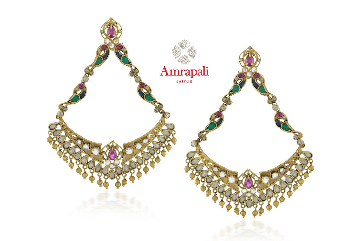 Shop beautiful Amrapali silver gold plated peacock glass chandelier earrings online in USA. Enhance your ethnic attires with exquisite Amrapali silver gold plated wedding jewelry, silver gold plated earrings from Pure Elegance Indian fashion store in USA.-front