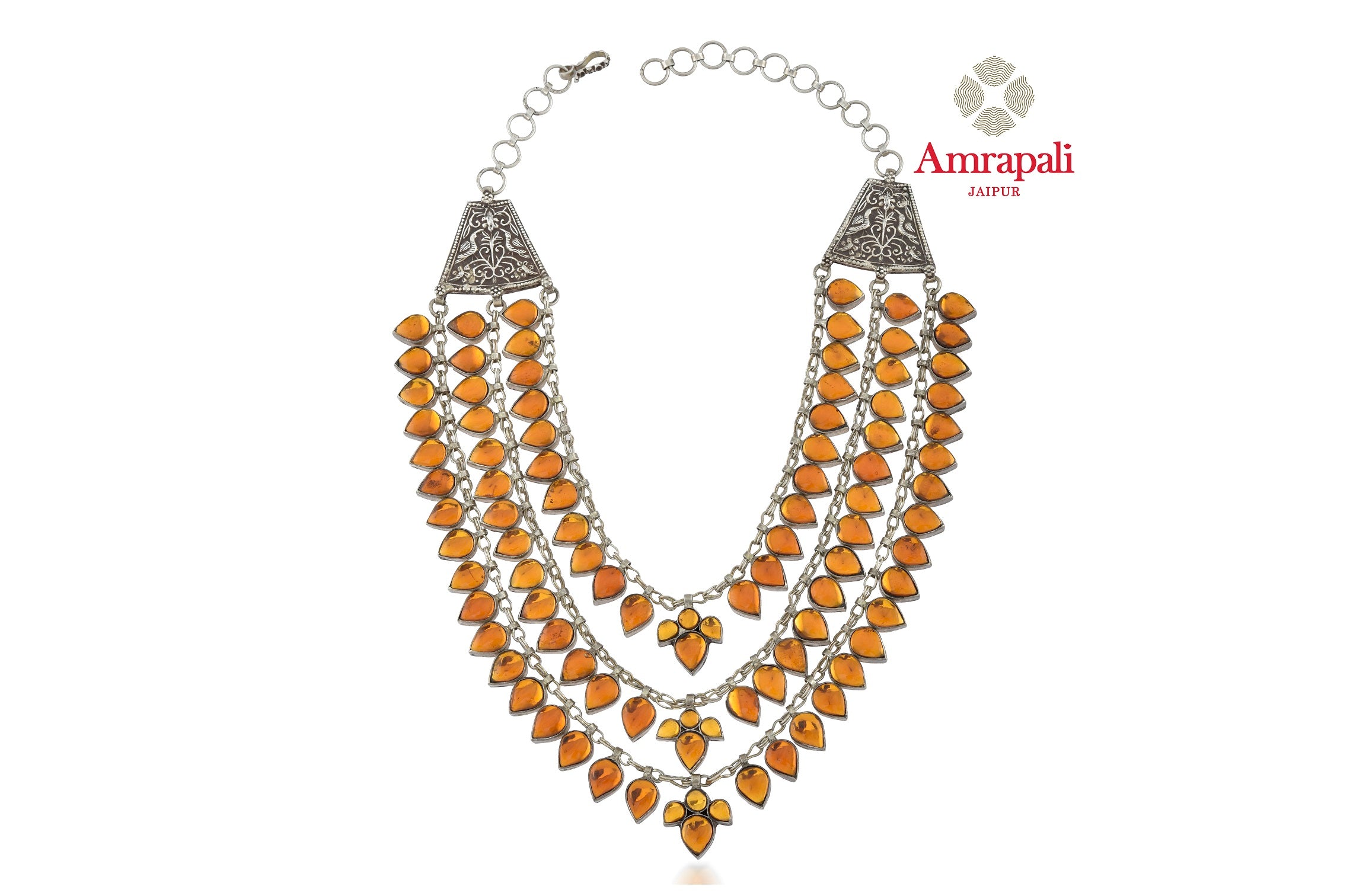Shop beautiful Amrapali yellow glass leaf layered silver necklace online in USA. Shop exquisite Indian silver jewelry, silver necklaces, silver earrings, gold plated jewelry from Amrapali from Pure Elegance Indian fashion store in USA.-front