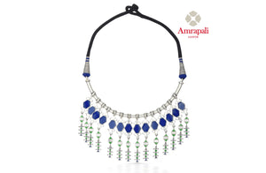 Shop stunning Amrapali blue enamel silver thread necklace online in USA. Shop exquisite Indian silver jewelry, silver necklaces, silver earrings, gold plated jewelry from Amrapali from Pure Elegance Indian fashion store in USA.-front