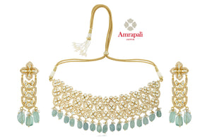 Shop beautiful Amrapali silver gold plated glass and zircon necklace set online in USA. Shop exquisite Indian silver jewelry, silver necklaces, silver earrings, gold plated jewelry from Amrapali from Pure Elegance Indian fashion store in USA.-front