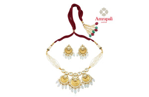 Buy stunning Amrapali silver gold plated pearl and glass necklace set online in USA with earrings. Shop exquisite Indian silver jewelry, silver necklaces, silver earrings, gold plated jewelry from Amrapali from Pure Elegance Indian fashion store in USA.-front