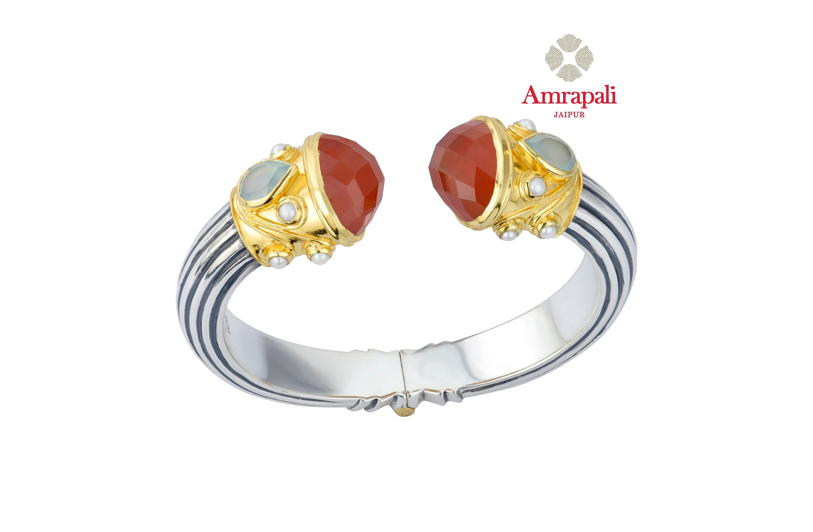 Shop beautiful Amrapali silver gold plated bracelet online in USA with pearls and red stone. Shop exquisite Indian silver jewelry, silver necklaces, silver earrings, gold plated jewelry from Amrapali from Pure Elegance Indian fashion store in USA.-front