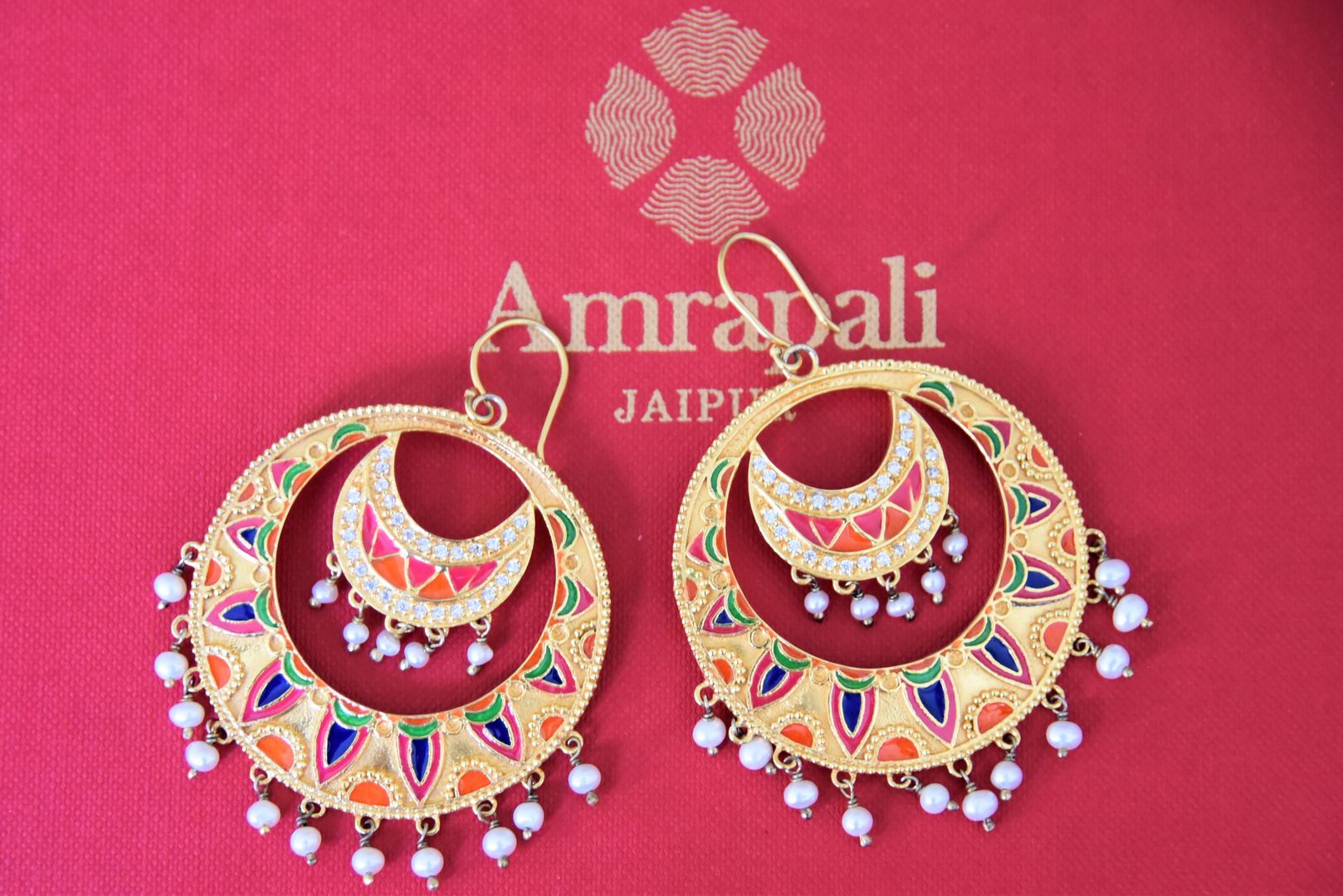 Buy beautiful colorful enamel gold plated chandbali earrings online in USA. Complete your festive look with exclusive silver gold plated jewelry, gold plated earrings, silver jewelry, silver earrings from Pure Elegance Indian fashion store in USA.-front