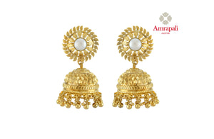 Buy beautiful Amrapali silver gold plated jhumki online in USA with pearl floral top. Shop exquisite Indian silver jewelry, silver necklaces, silver earrings, gold plated jewelry from Amrapali from Pure Elegance Indian fashion store in USA.-front