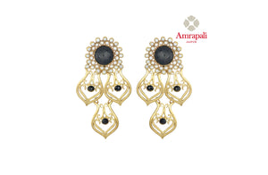 Shop gorgeous Amrapali silver gold plated pearl and black stone earrings online in USA. Shop exquisite Indian silver jewelry, silver necklaces, silver earrings, gold plated jewelry from Amrapali from Pure Elegance Indian fashion store in USA.-front