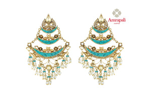 Shop stunning Amrapali silver gold plated layered blue crescent earrings online in USA. Shop exquisite Indian silver jewelry, silver necklaces, silver earrings, gold plated jewelry from Amrapali from Pure Elegance Indian fashion store in USA.-front