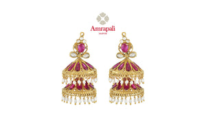 Buy gorgeous Amrapali silver gold plated ruby layered earrings online in USA. Shop exquisite Indian silver jewelry, silver necklaces, silver earrings, gold plated jewelry from Amrapali from Pure Elegance Indian fashion store in USA.-front