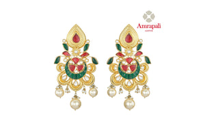Buy beautiful Amrapali silver gold plated green and red stone earrings online in USA with pearl drops. Shop exquisite Indian silver jewelry, silver necklaces, silver earrings, gold plated jewelry from Amrapali from Pure Elegance Indian fashion store in USA.-front