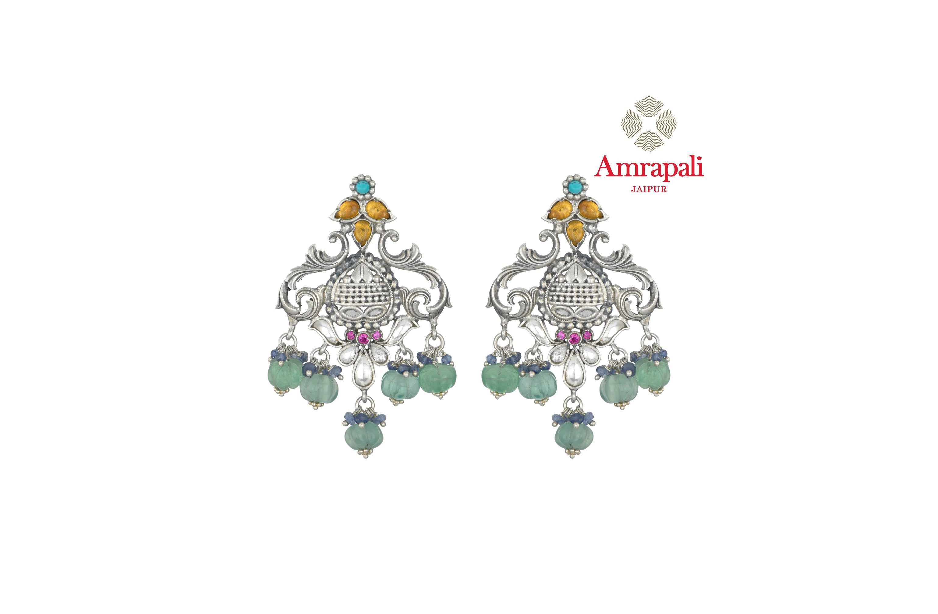 Shop beautiful Amrapali multi stone silver earrings online in USA. Shop exquisite Indian silver jewelry, silver necklaces, silver earrings, gold plated jewelry from Amrapali from Pure Elegance Indian fashion store in USA.-front