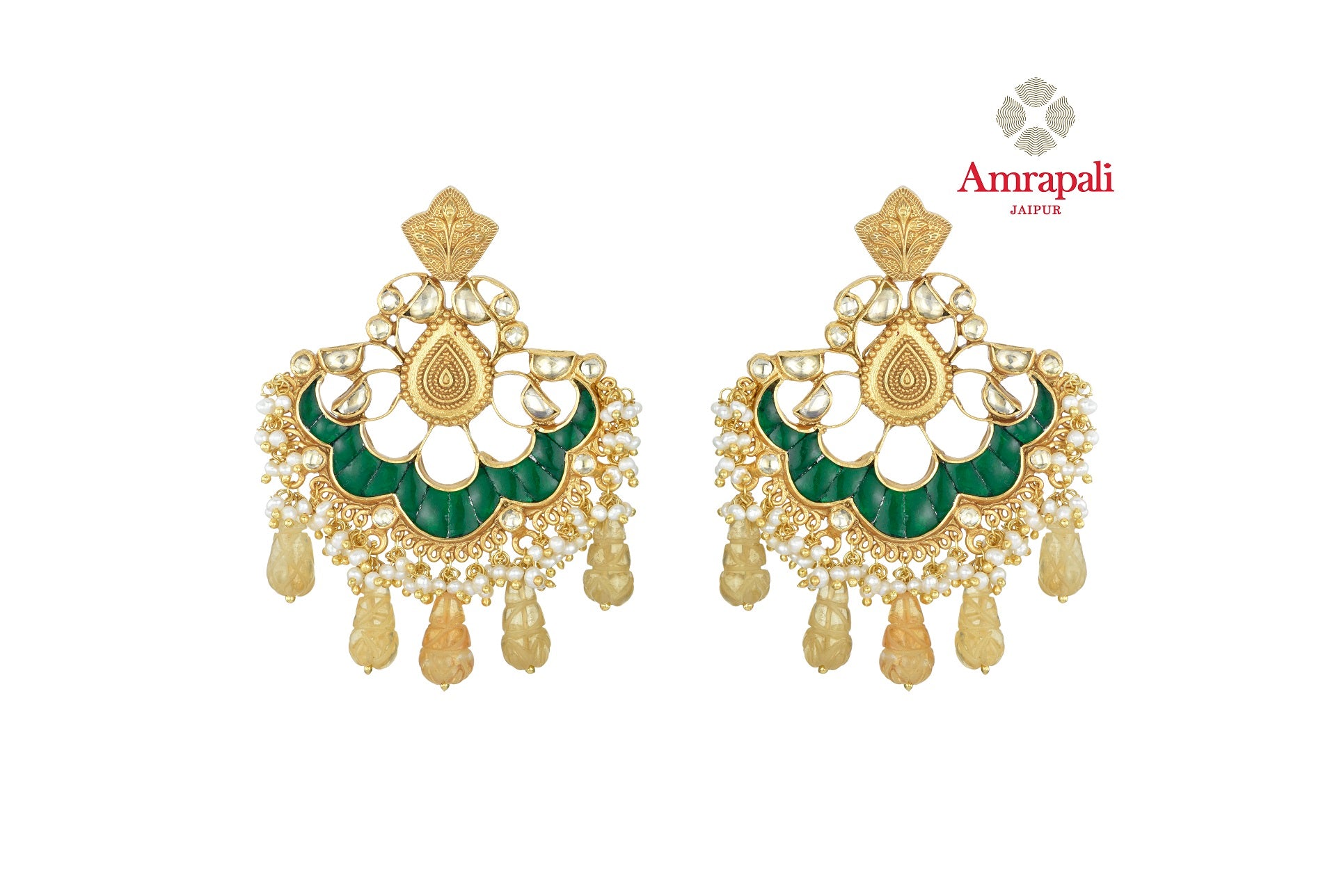 Buy beautiful Amrapali silver gold plated green stone earrings online in USA with pearls. Shop exquisite Indian silver jewelry, silver necklaces, silver earrings, gold plated jewelry from Amrapali from Pure Elegance Indian fashion store in USA.-front