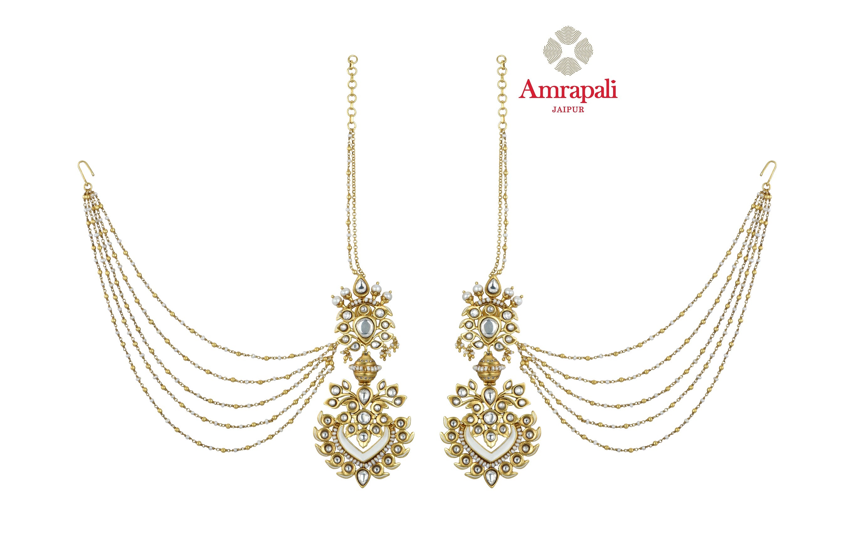 Shop exquisite Amrapali silver gold plated drop earrings online in USA with ear chains. Shop exquisite Indian silver jewelry, silver necklaces, silver earrings, gold plated jewelry from Amrapali from Pure Elegance Indian fashion store in USA.-front