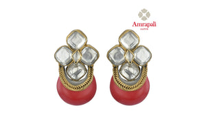Shop beautiful Amrapali silver gold plated glass earrings online in USA with red stone. Shop exquisite Indian silver jewelry, silver necklaces, silver earrings, gold plated jewelry from Amrapali from Pure Elegance Indian fashion store in USA.-front