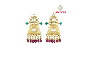 Shop beautiful Amrapali silver gold plated stone earrings online in USA with red stone drops. Shop exquisite Indian silver jewelry, silver necklaces, silver earrings, gold plated jewelry from Amrapali from Pure Elegance Indian fashion store in USA.-front