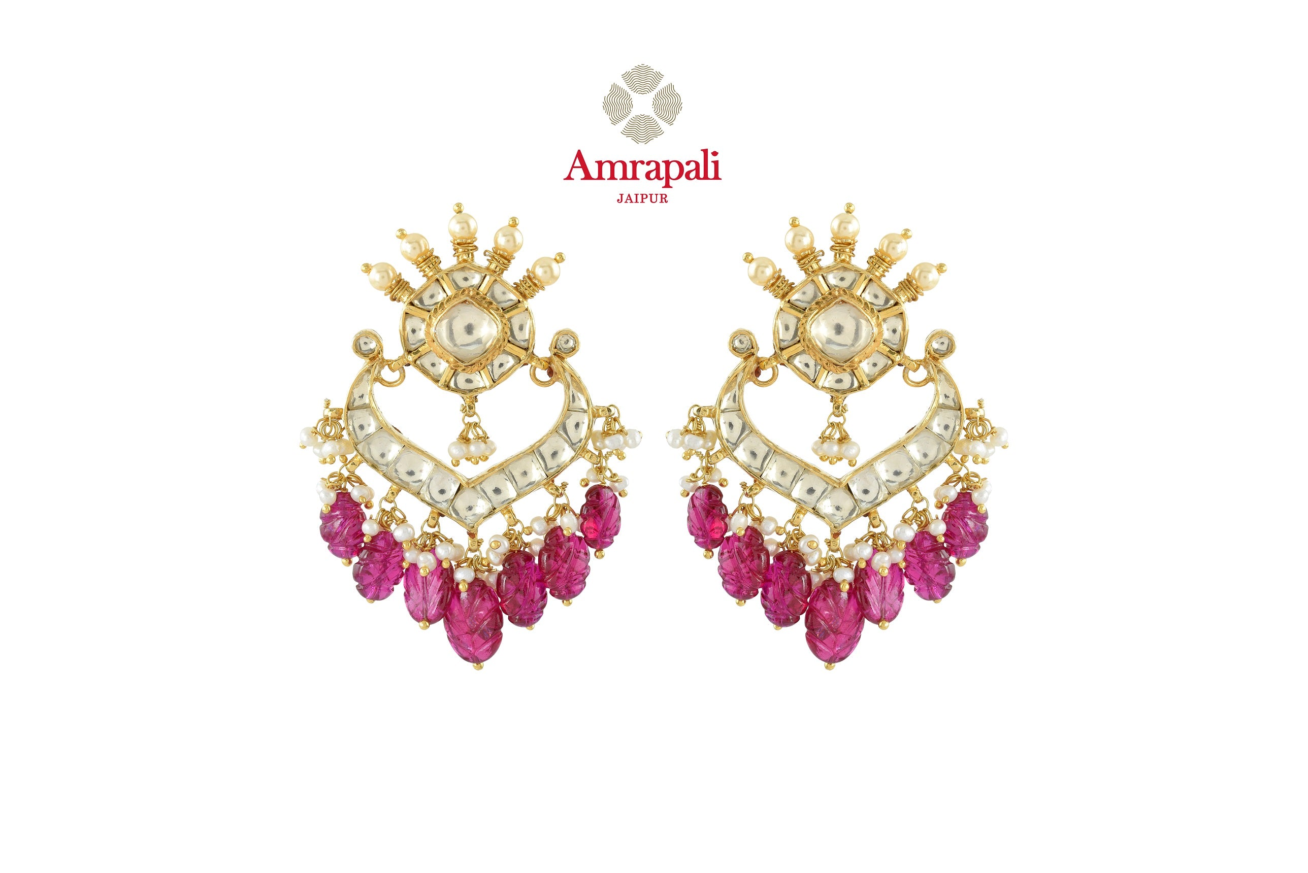 Buy gorgeous Amrapali silver gold plated chandbali earrings online in USA with pink stone drops. Shop exquisite Indian silver jewelry, silver necklaces, silver earrings, gold plated jewelry from Amrapali from Pure Elegance Indian fashion store in USA.-front