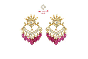 Buy gorgeous Amrapali silver gold plated chandbali earrings online in USA with pink stone drops. Shop exquisite Indian silver jewelry, silver necklaces, silver earrings, gold plated jewelry from Amrapali from Pure Elegance Indian fashion store in USA.-front