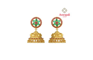 Buy gorgeous Amrapali silver gold plated jhumka online in USA with green and pink stone floral top. Shop exquisite Indian silver jewelry, silver necklaces, silver earrings, gold plated jewelry from Amrapali from Pure Elegance Indian fashion store in USA.-front