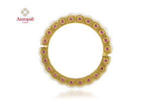 Buy gorgeous Amrapali silver gold plated pink stone bangle online in USA with pearl drops. Shop exquisite Indian silver jewelry, silver necklaces, silver earrings, gold plated jewelry from Amrapali from Pure Elegance Indian fashion store in USA.-front