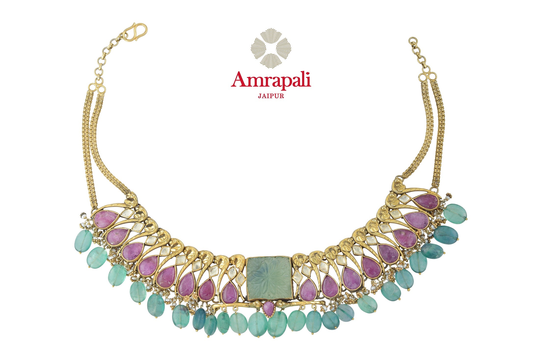 Buy gorgeous Amrapali silver gold plated glass necklace online in USA with pink and green stones. Shop exquisite Indian silver jewelry, silver necklaces, silver earrings, gold plated jewelry from Amrapali from Pure Elegance Indian fashion store in USA.-front