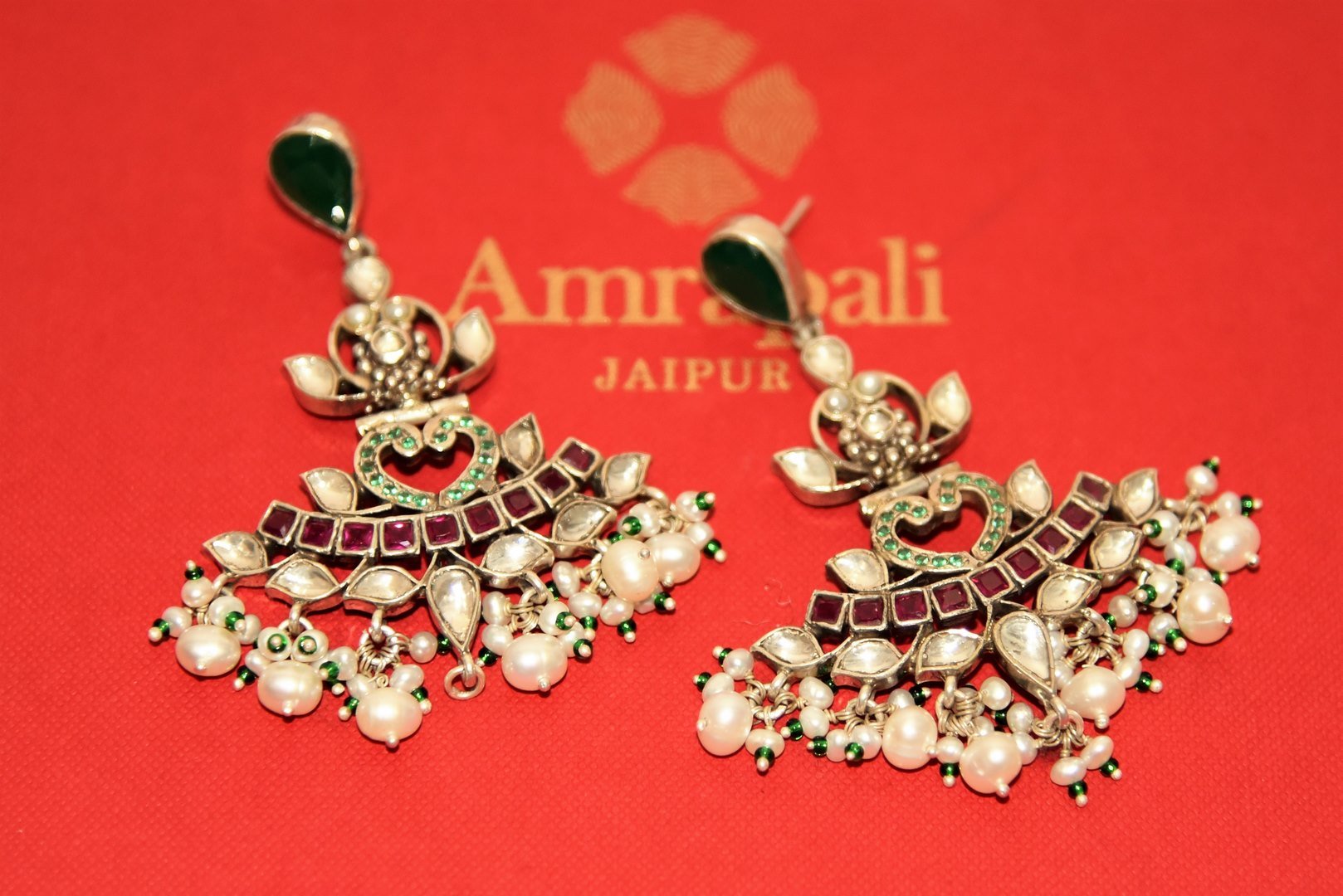 Shop stunning green and pink glass earrings online in USA with pearls. Shop beautiful Amrapali jewelry, silver jewelry, gold plated jewelry, silver choker necklaces, gold plated necklace in USA from Pure Elegance Indian fashion store in USA.-full view