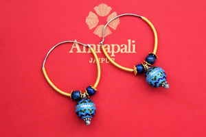 Buy beautiful silver gold plated bali earrings online in USA with blue enamel bead. Shop beautiful Amrapali jewelry, silver jewelry, gold plated jewelry, silver choker necklaces, gold plated necklace in USA from Pure Elegance Indian fashion store in USA.-full view