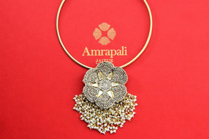 Buy beautiful silver gold plated two-tone necklace online in USA with flower pendant. Shop beautiful Amrapali jewelry, silver jewelry, gold plated jewelry, silver choker necklaces, gold plated necklace in USA from Pure Elegance Indian fashion store in USA.-full view