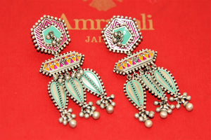 Shop stunning silver multi color enamel earrings online in USA. Shop beautiful Amrapali jewelry, silver jewelry, gold plated jewelry, silver choker necklaces, gold plated necklace in USA from Pure Elegance Indian fashion store in USA.-full view