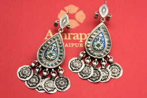 Buy beautiful oxidized silver earrings online in USA with blue stones and enamel work. Shop beautiful Amrapali jewelry, silver jewelry, gold plated jewelry, silver choker necklaces, gold plated necklace in USA from Pure Elegance Indian fashion store in USA.-full view