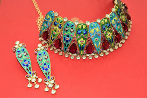 20C981 Green and Blue Multicolor Enamel Choker Necklace ONLY