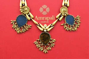 Buy stunning Amrapali gold plated necklace in USA with colored stone pendants. Look beautiful in Indian jewelry, gold plated jewelry , silver jewelry, gold plated earrings, wedding jewellery from Pure Elegance Indian fashion store in USA.-closeup