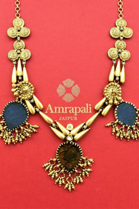 Buy stunning Amrapali gold plated necklace in USA with colored stone pendants. Look beautiful in Indian jewelry, gold plated jewelry , silver jewelry, gold plated earrings, wedding jewellery from Pure Elegance Indian fashion store in USA.-full view