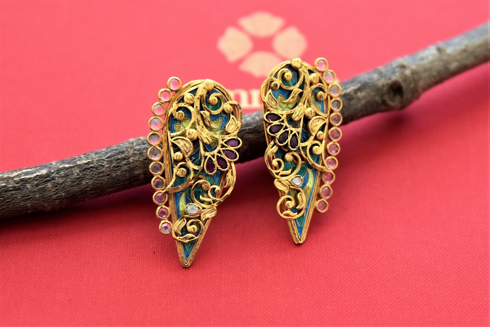 Shop gorgeous silver gold plated glass and enamel earrings online in USA. Shop beautiful gold plated jewelry, silver earrings, silver necklaces, wedding jewelry from Pure Elegance Indian fashion store in USA.-front