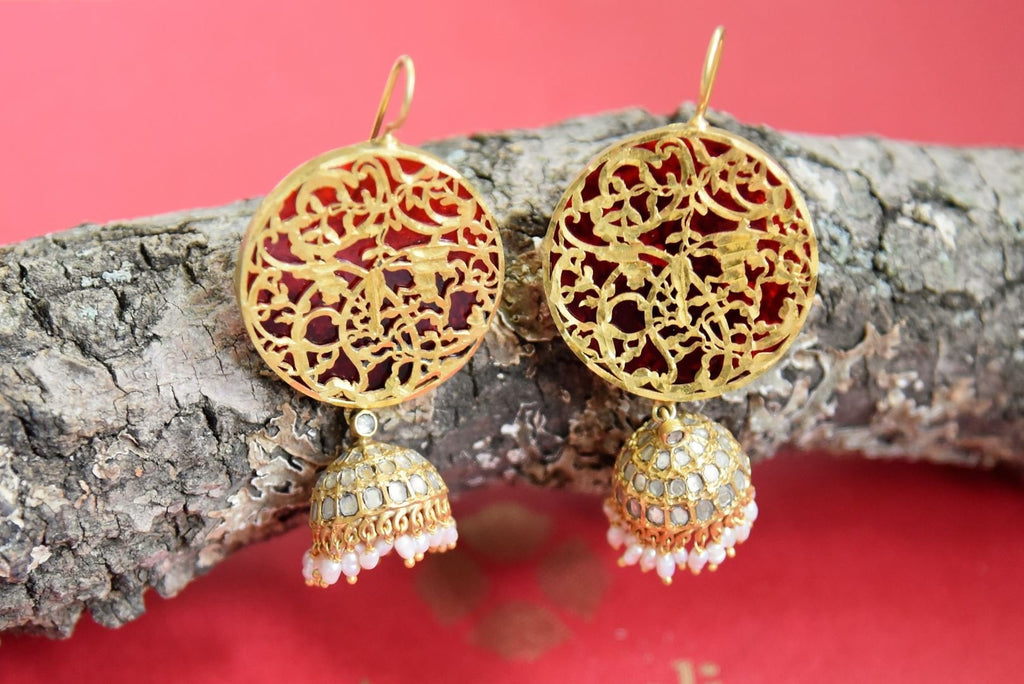 Shop beautiful silver gold plated earrings online in USA with jhumki drops. Shop gold plated jewelry, silver jewelry,  silver earrings, bridal jewelry, fashion jewelry from Amrapali from Pure Elegance Indian clothing store in USA.-front