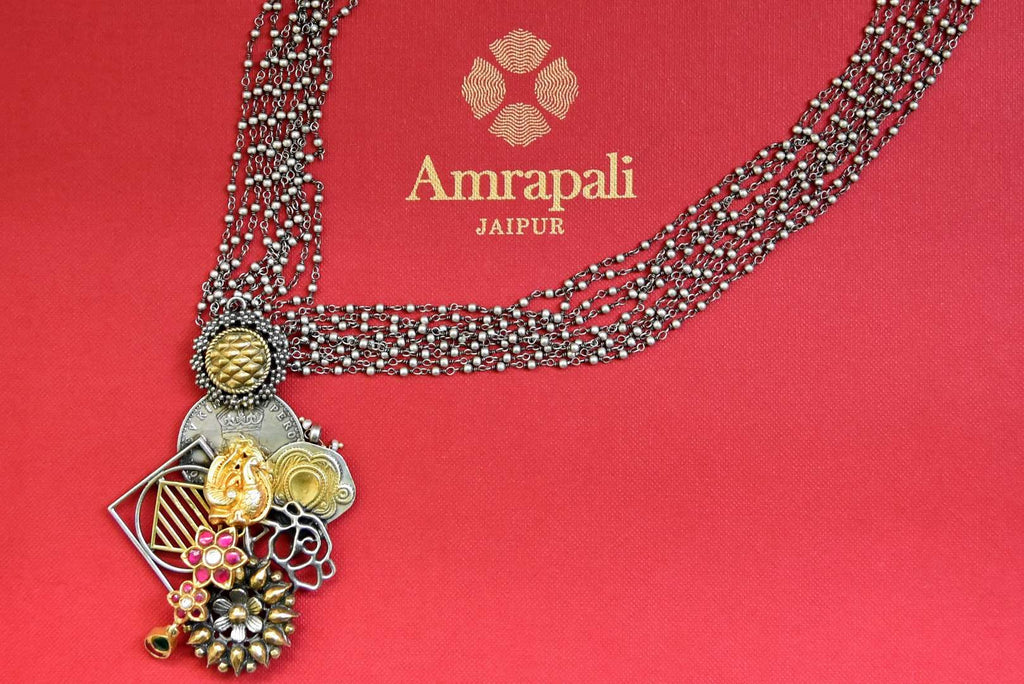 Shop beautiful multicolor pendant silver beads string necklace set online in USA. Buy exclusive Indian jewelry, gold plated earrings, silver earrings, gold plated necklace from Amrapali in USA available at Pure Elegance Indian fashion store.-front