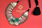 Shop beautiful silver thread necklace online in USA with green stones and flower motifs. Buy exclusive Indian jewelry, gold plated earrings, silver earrings, gold plated necklace from Amrapali in USA available at Pure Elegance Indian fashion store.-flatlay
