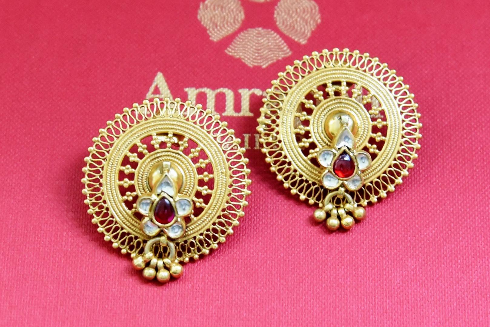 Shop stunning Amrapali gold plated glass big stud earrings online in USA. Shop gold plated jewelry, silver jewelry,  silver earrings, bridal jewelry, fashion jewelry from Amrapali from Pure Elegance Indian clothing store in USA.-front