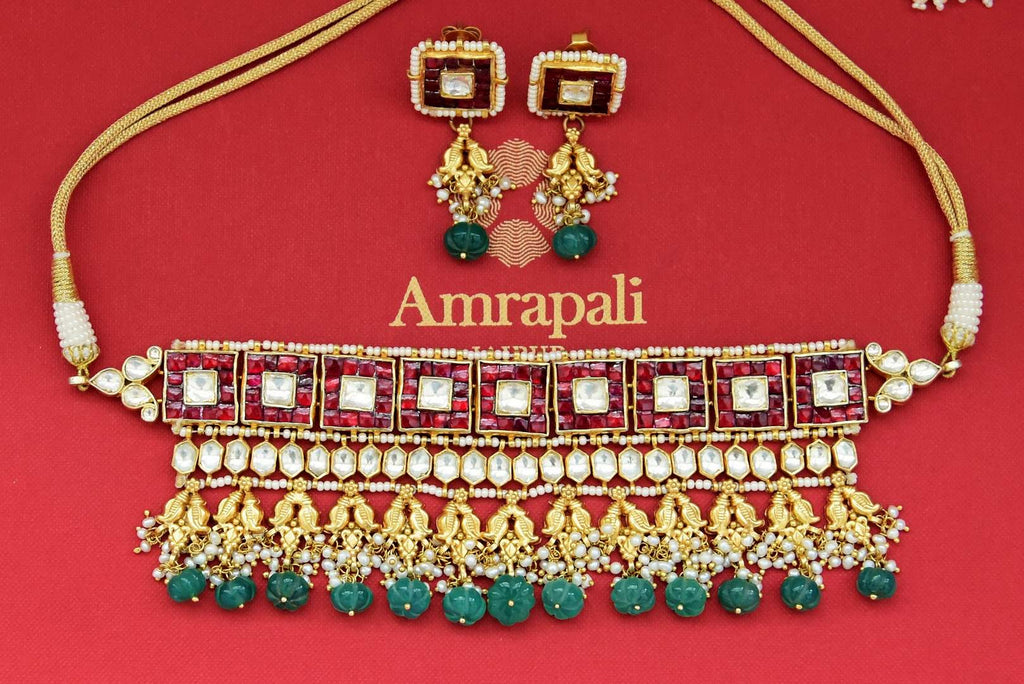 Shop stunning Amrapali gold plated kundan choker set online in USA. Buy exclusive Indian jewelry, gold plated earrings, silver earrings, gold plated necklace from Amrapali in USA available at Pure Elegance Indian fashion store.-front