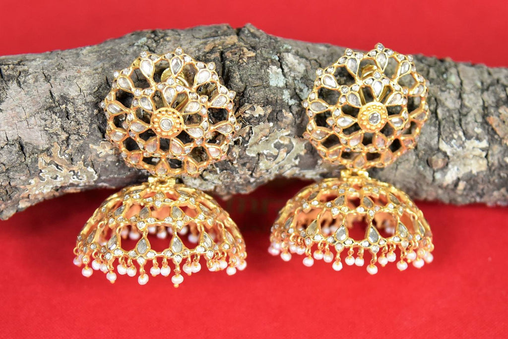 Shop stunning Amrapali gold plated glass jhumki earrings online in USA. Shop gold plated jewelry, silver jewelry,  silver earrings, bridal jewelry, fashion jewelry from Amrapali from Pure Elegance Indian clothing store in USA.-front