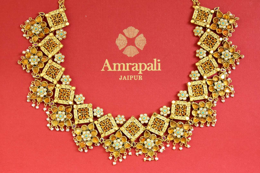 Shop stunning gold plated necklace set online in USA. Buy exclusive Indian jewelry, gold plated earrings, silver earrings, gold plated necklace from Amrapali in USA available at Pure Elegance Indian fashion store.-FRONT