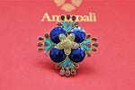 Buy beautiful Amrapali gold plated blue stone floral ring online in USA. Shop gold plated jewelry, silver jewelry,  silver earrings, bridal jewelry, fashion jewelry from Amrapali from Pure Elegance Indian clothing store in USA.-full view