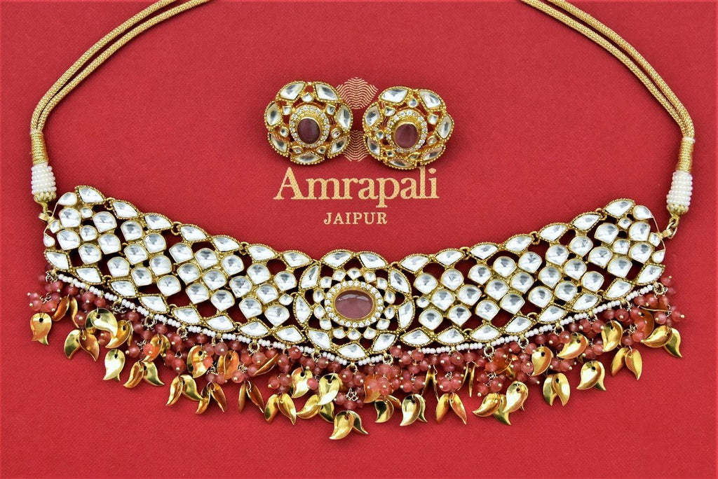 Shop beautiful Amrapali gold plated kundan choker necklace online in USA. Shop gold plated jewelry, silver jewelry,  silver earrings, bridal jewelry, fashion jewelry from Amrapali from Pure Elegance Indian clothing store in USA.-front
