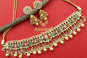 Buy Amrapali gold plated kundan and pearl necklace set online in USA. Buy exclusive Indian jewelry, gold plated earrings, silver earrings, gold plated necklace from Amrapali in USA available at Pure Elegance Indian fashion store.-front