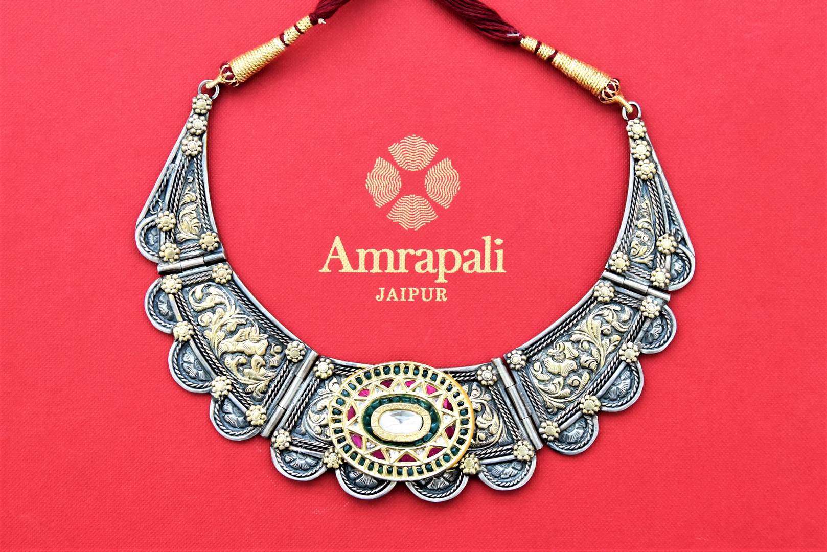 Shop two-tone silver gold plated engraved necklace online in USA. Buy exclusive Indian jewelry, gold plated earrings, silver earrings, gold plated necklace from Amrapali in USA available at Pure Elegance Indian fashion store.-front